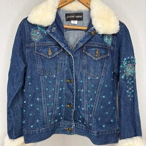 Vtg Adrienne Landau Women’s Sz Small Faux Fur Denim Jacket Embellished Designer